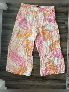 Tropical Palm Print Linen Pants - Pink & Yellow